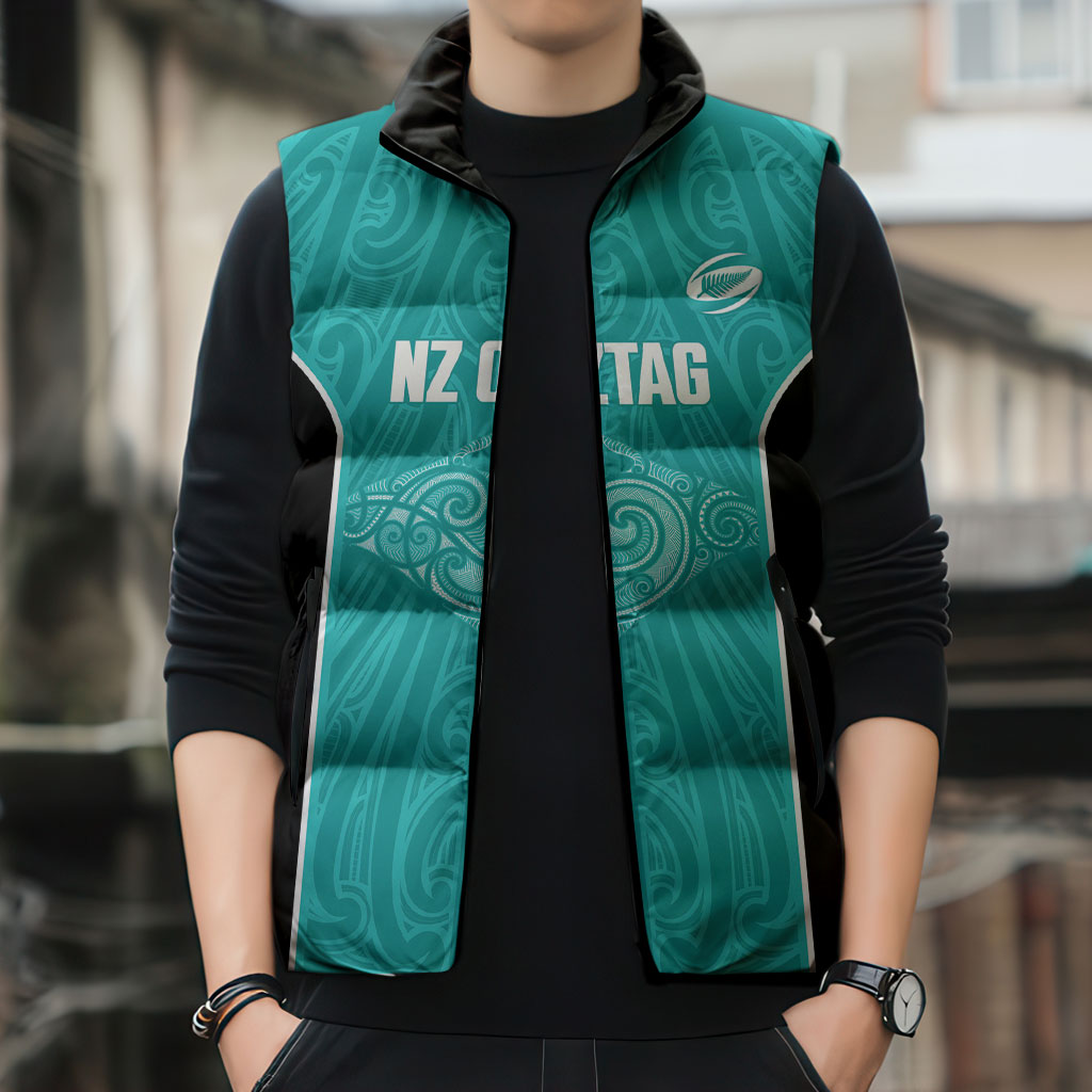 Custom New Zealand Stingray Oztag Sleeveless Puffer Jacket Tag Rugby Maori Pattern Teal Version