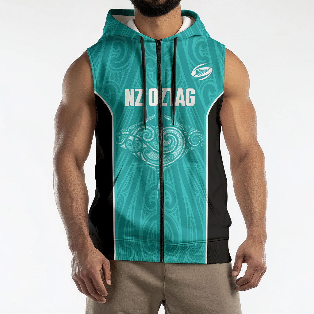Custom New Zealand Stingray Oztag Sleeveless Zip Hoodie Tag Rugby Maori Pattern Teal Version
