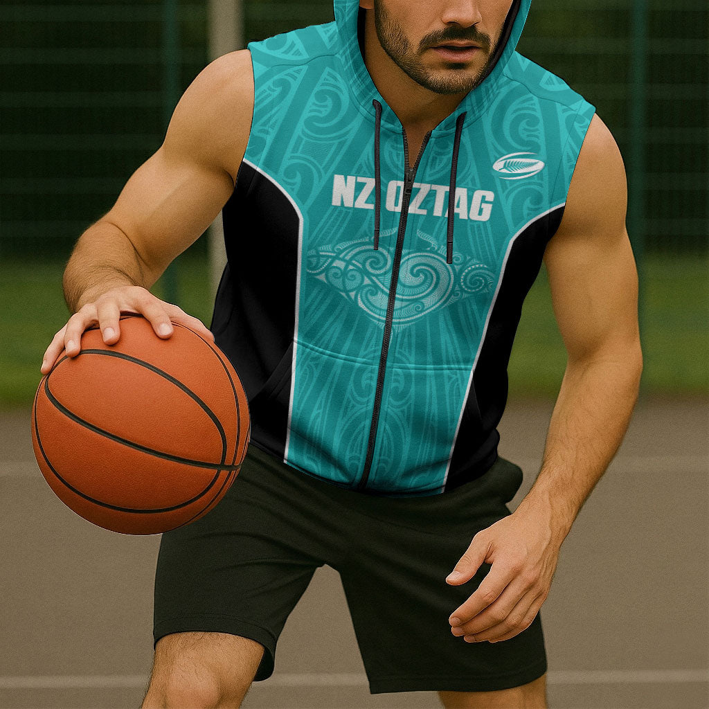 Custom New Zealand Stingray Oztag Sleeveless Zip Hoodie Tag Rugby Maori Pattern Teal Version
