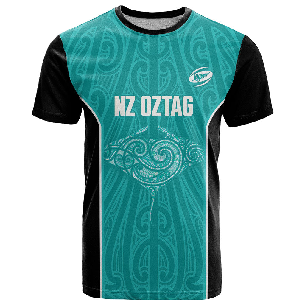 Custom New Zealand Stingray Oztag T Shirt Tag Rugby Maori Pattern Teal Version