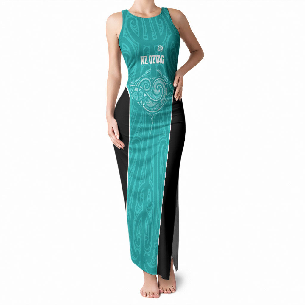 Custom New Zealand Stingray Oztag Tank Maxi Dress Tag Rugby Maori Pattern Teal Version