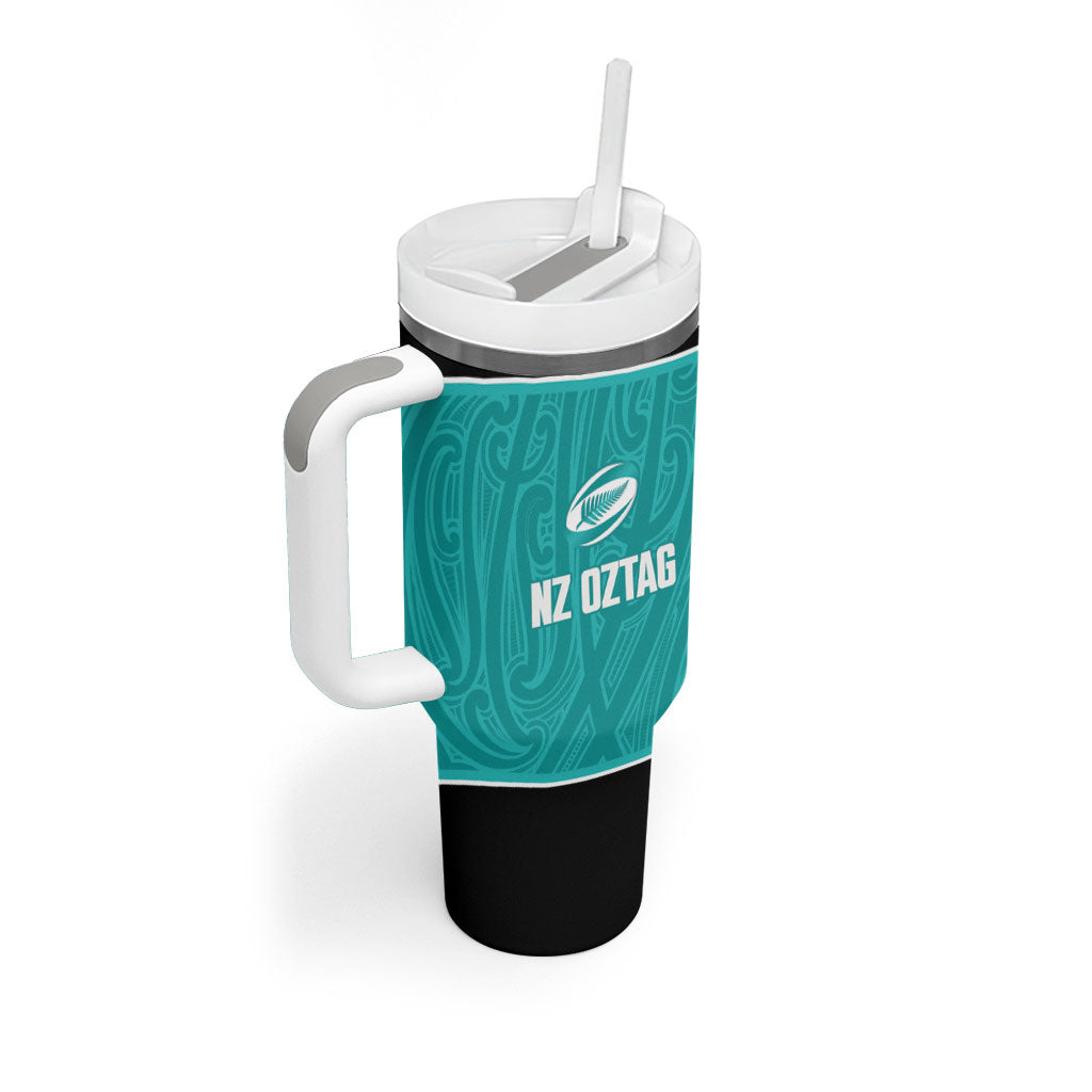 Custom New Zealand Stingray Oztag Tumbler With Handle Tag Rugby Maori Pattern Teal Version
