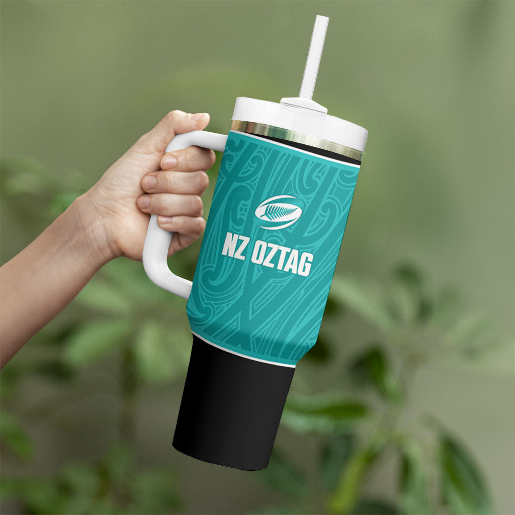 Custom New Zealand Stingray Oztag Tumbler With Handle Tag Rugby Maori Pattern Teal Version