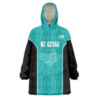 Custom New Zealand Stingray Oztag Wearable Blanket Hoodie Tag Rugby Maori Pattern Teal Version
