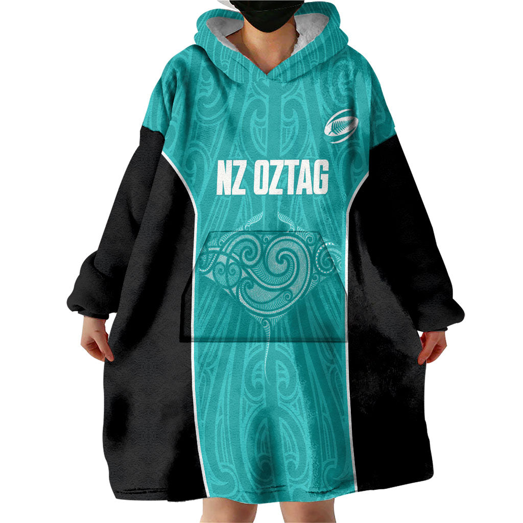 Custom New Zealand Stingray Oztag Wearable Blanket Hoodie Tag Rugby Maori Pattern Teal Version