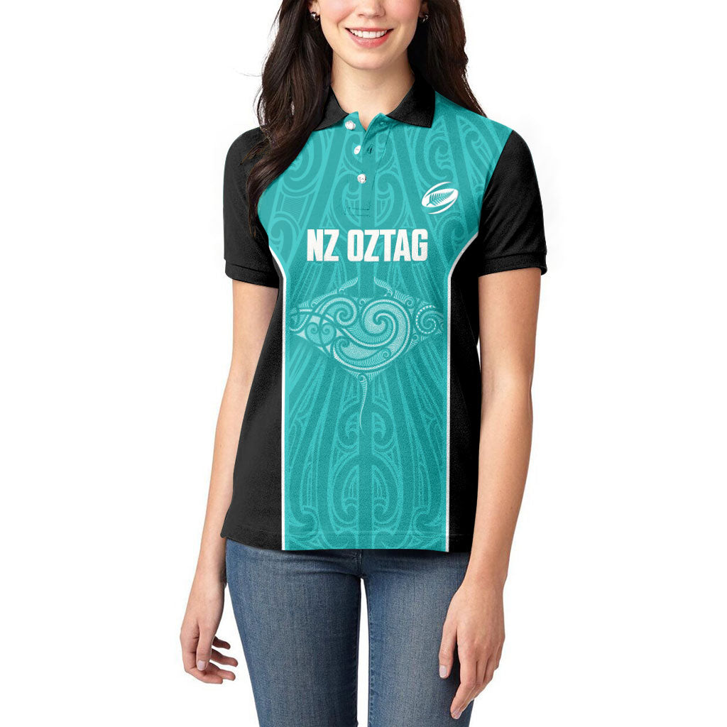 Custom New Zealand Stingray Oztag Women Polo Shirt Tag Rugby Maori Pattern Teal Version