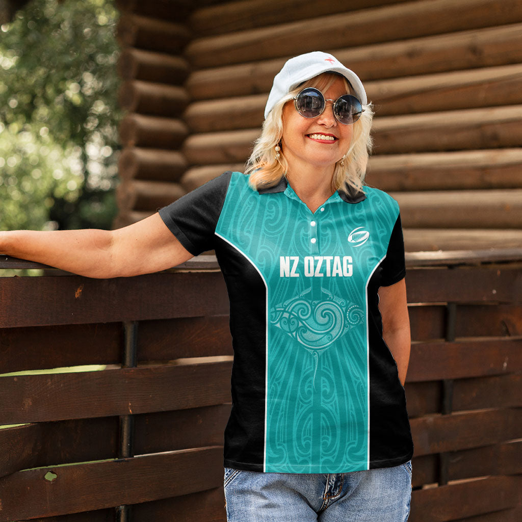 Custom New Zealand Stingray Oztag Women Polo Shirt Tag Rugby Maori Pattern Teal Version