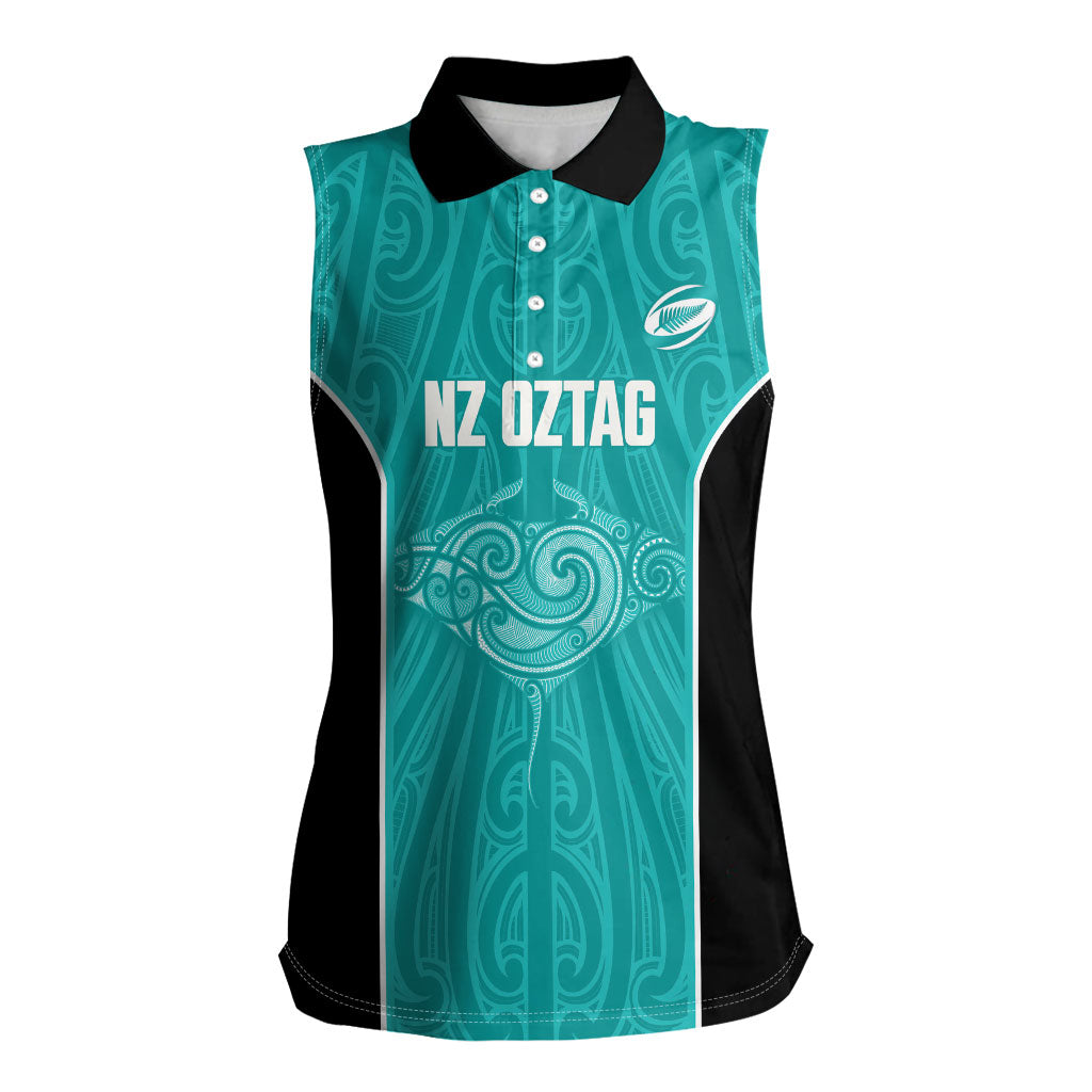 Custom New Zealand Stingray Oztag Women Sleeveless Polo Shirt Tag Rugby Maori Pattern Teal Version
