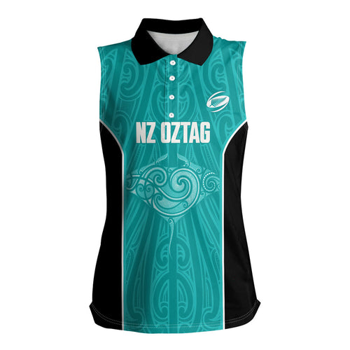 Custom New Zealand Stingray Oztag Women Sleeveless Polo Shirt Tag Rugby Maori Pattern Teal Version