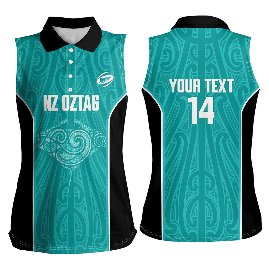 Custom New Zealand Stingray Oztag Women Sleeveless Polo Shirt Tag Rugby Maori Pattern Teal Version