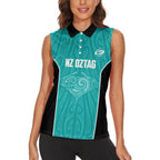 Custom New Zealand Stingray Oztag Women Sleeveless Polo Shirt Tag Rugby Maori Pattern Teal Version