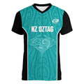 Custom New Zealand Stingray Oztag Women V-Neck T-Shirt Tag Rugby Maori Pattern Teal Version