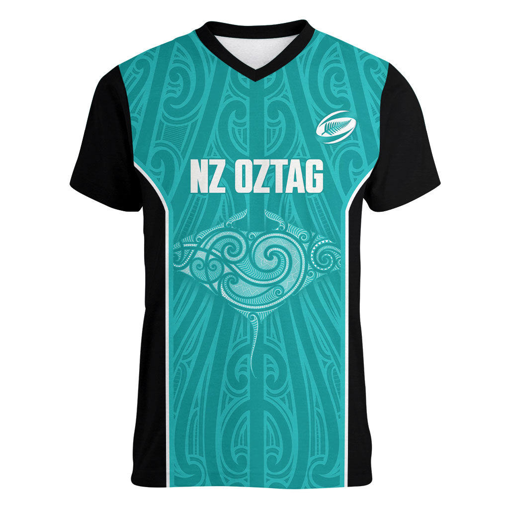 Custom New Zealand Stingray Oztag Women V-Neck T-Shirt Tag Rugby Maori Pattern Teal Version