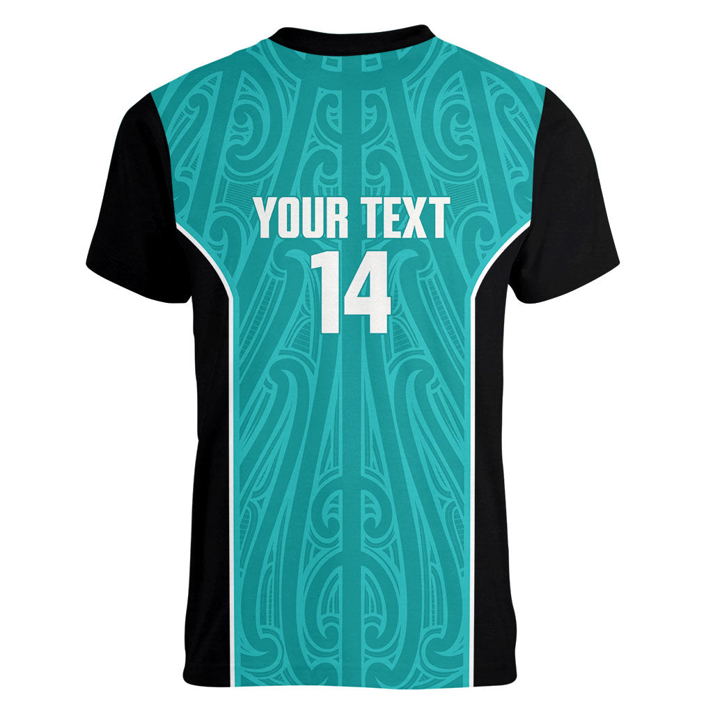 Custom New Zealand Stingray Oztag Women V-Neck T-Shirt Tag Rugby Maori Pattern Teal Version