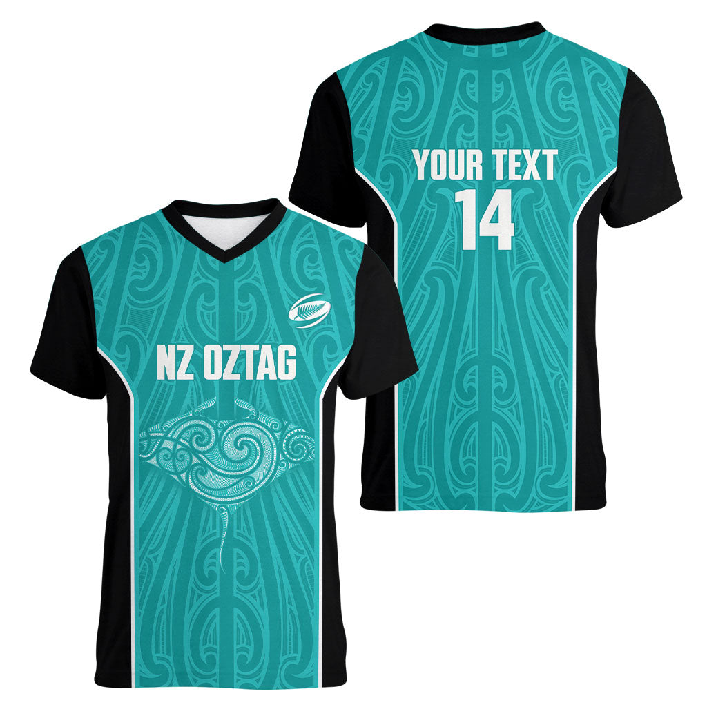 Custom New Zealand Stingray Oztag Women V-Neck T-Shirt Tag Rugby Maori Pattern Teal Version