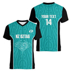 Custom New Zealand Stingray Oztag Women V-Neck T-Shirt Tag Rugby Maori Pattern Teal Version