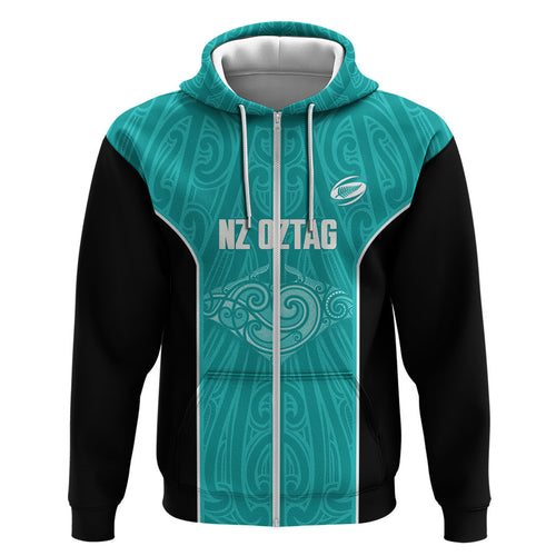 Custom New Zealand Stingray Oztag Zip Hoodie Tag Rugby Maori Pattern Teal Version