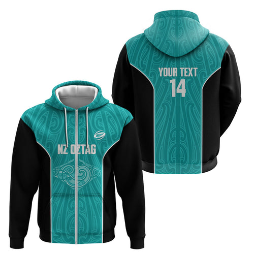 Custom New Zealand Stingray Oztag Zip Hoodie Tag Rugby Maori Pattern Teal Version
