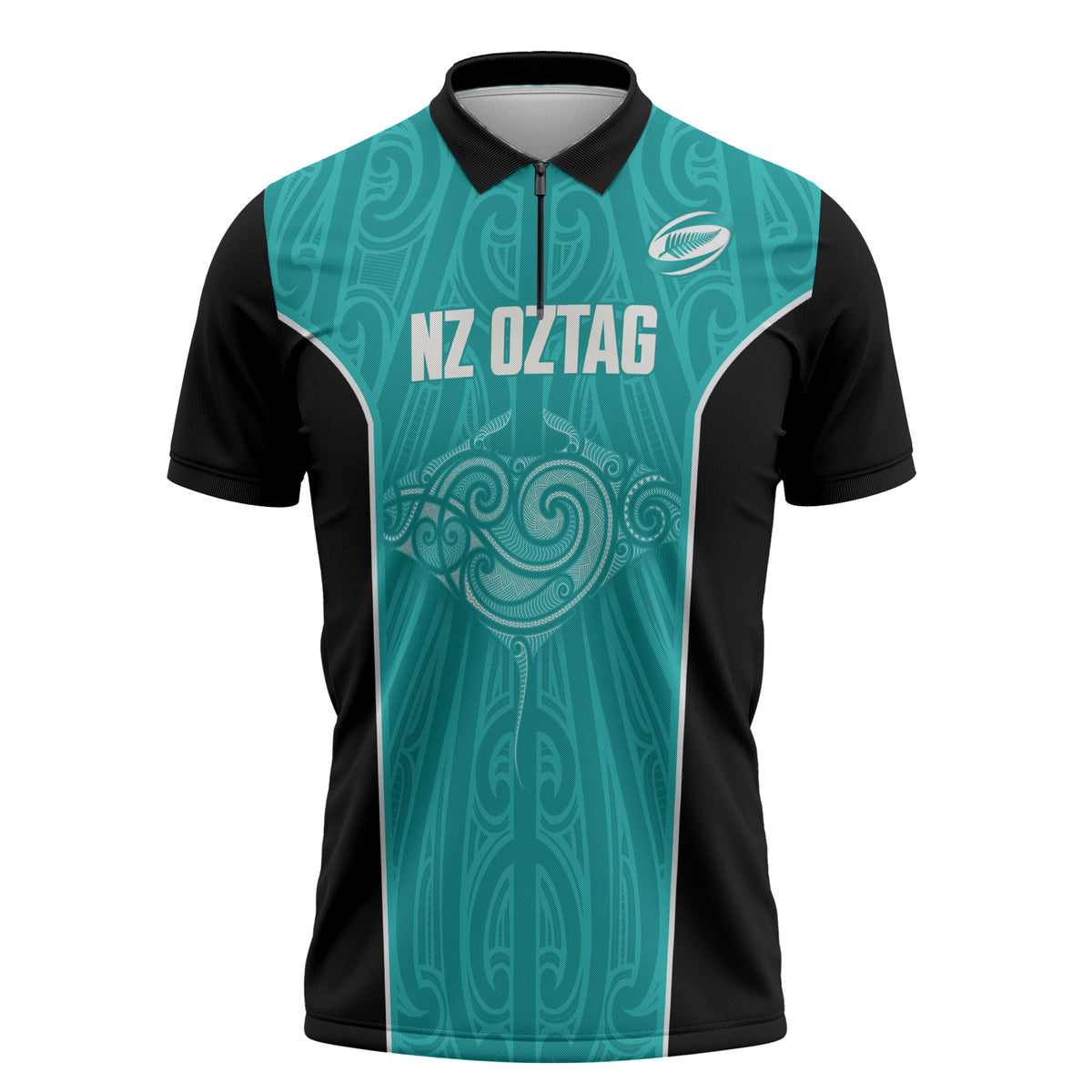 Custom New Zealand Stingray Oztag Zipper Polo Shirt Tag Rugby Maori Pattern Teal Version