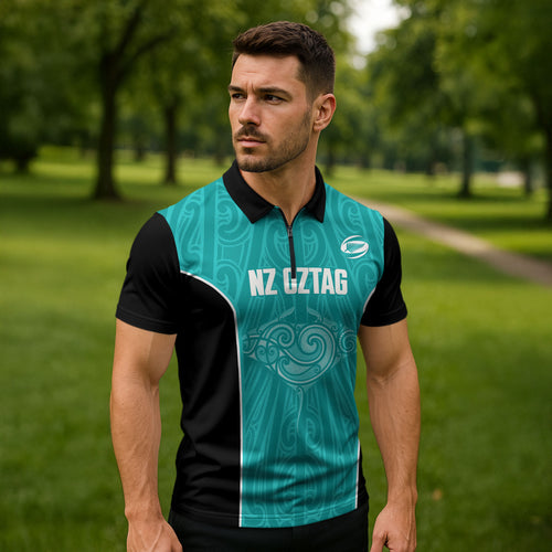 Custom New Zealand Stingray Oztag Zipper Polo Shirt Tag Rugby Maori Pattern Teal Version