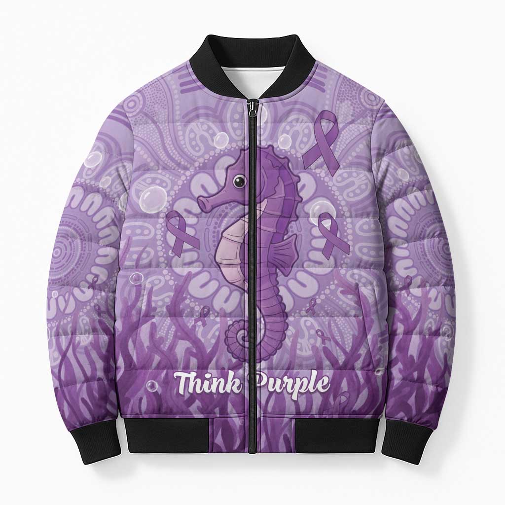 Australia Epilepsy Awareness Bomber Puffer Jacket Seahorse Think Purple Ribbon Aboriginal - Aussie Hoodie