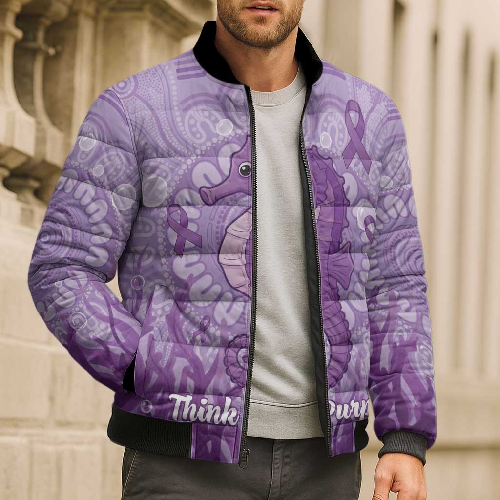 Australia Epilepsy Awareness Bomber Puffer Jacket Seahorse Think Purple Ribbon Aboriginal - Aussie Hoodie
