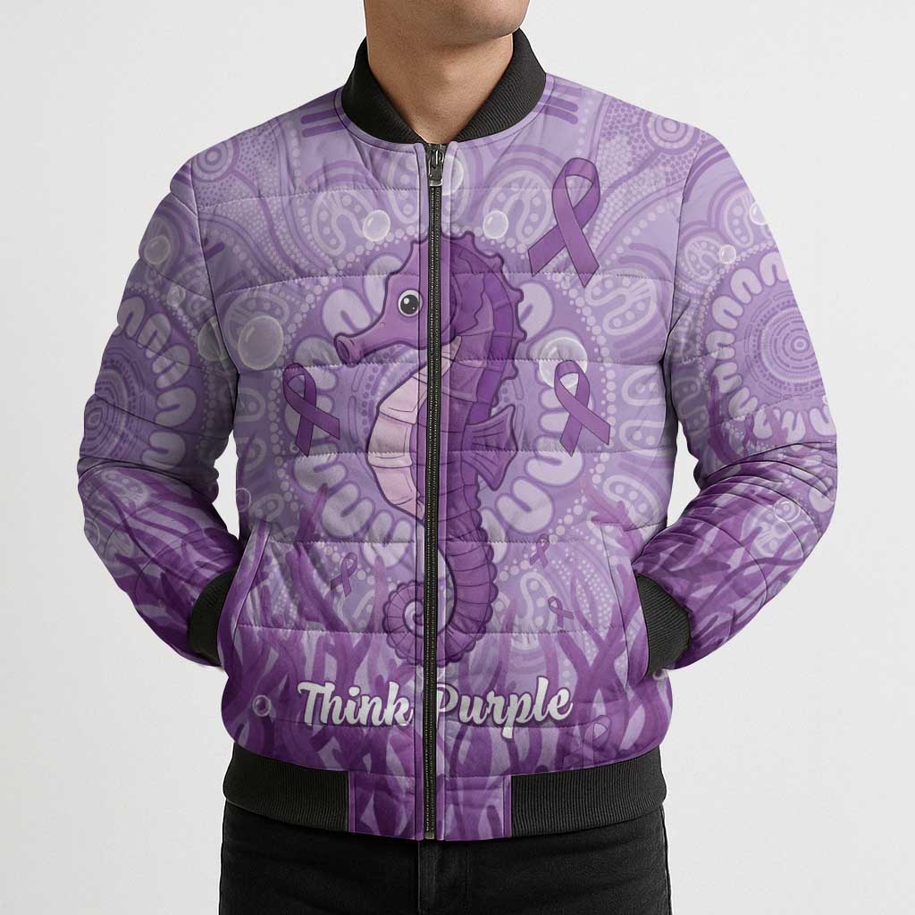 Australia Epilepsy Awareness Bomber Puffer Jacket Seahorse Think Purple Ribbon Aboriginal - Aussie Hoodie