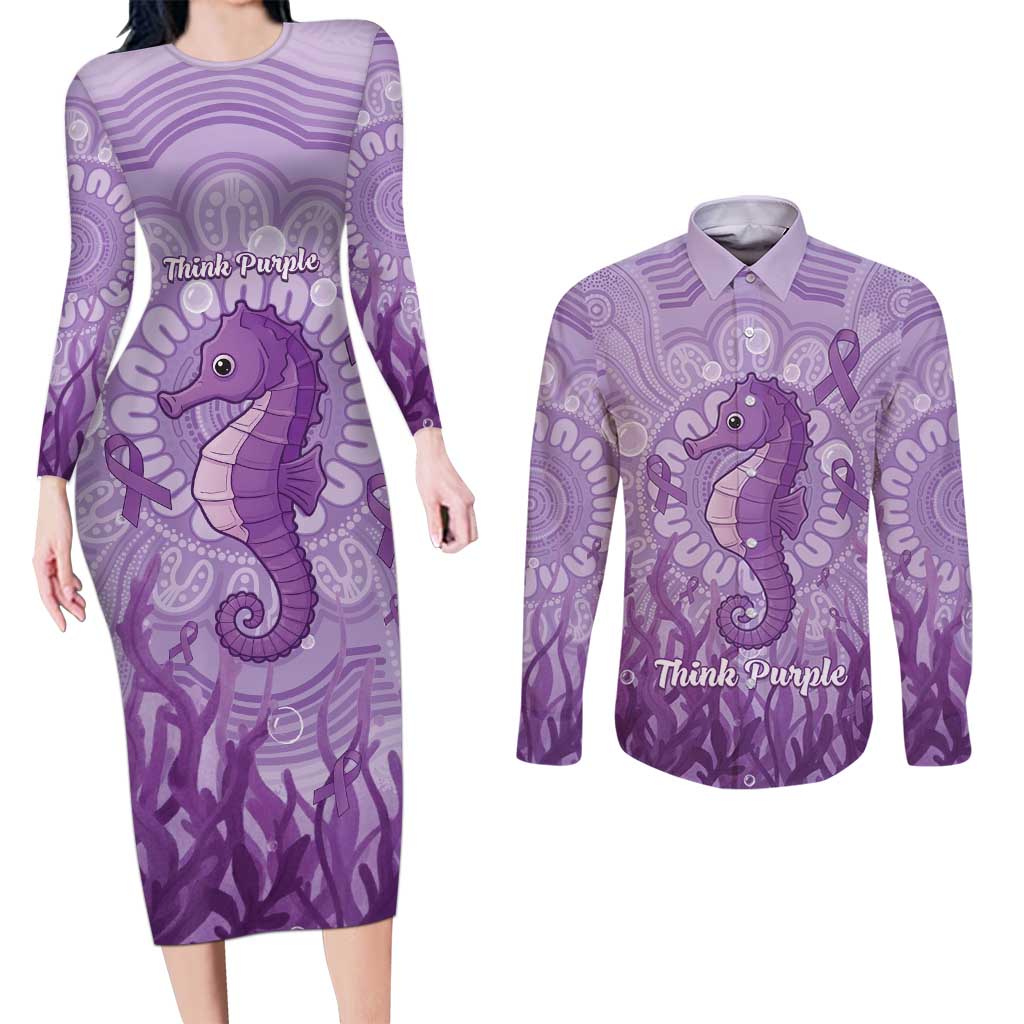 Australia Epilepsy Awareness Couples Matching Long Sleeve Bodycon Dress and Long Sleeve Button Shirt Seahorse Think Purple Ribbon Aboriginal - Aussie Hoodie