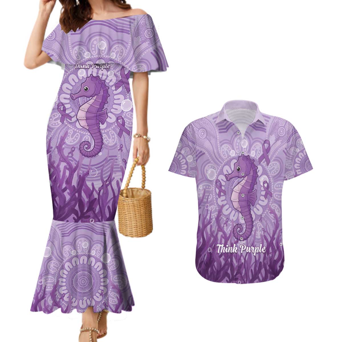 Australia Epilepsy Awareness Couples Matching Mermaid Dress and Hawaiian Shirt Seahorse Think Purple Ribbon Aboriginal - Aussie Hoodie