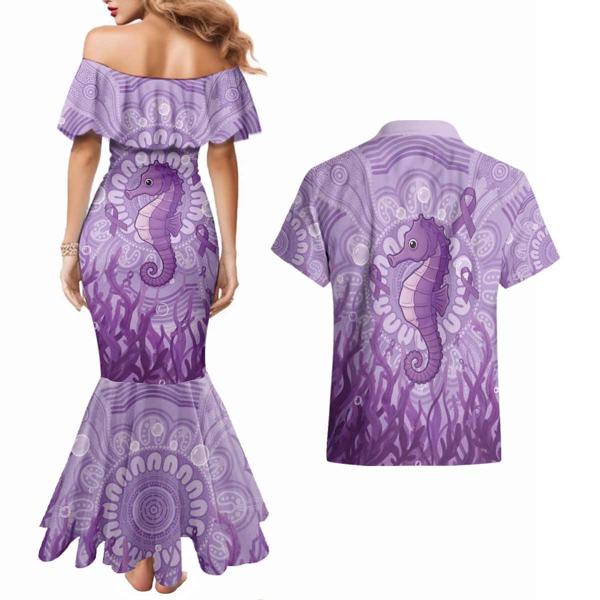 Australia Epilepsy Awareness Couples Matching Mermaid Dress and Hawaiian Shirt Seahorse Think Purple Ribbon Aboriginal - Aussie Hoodie