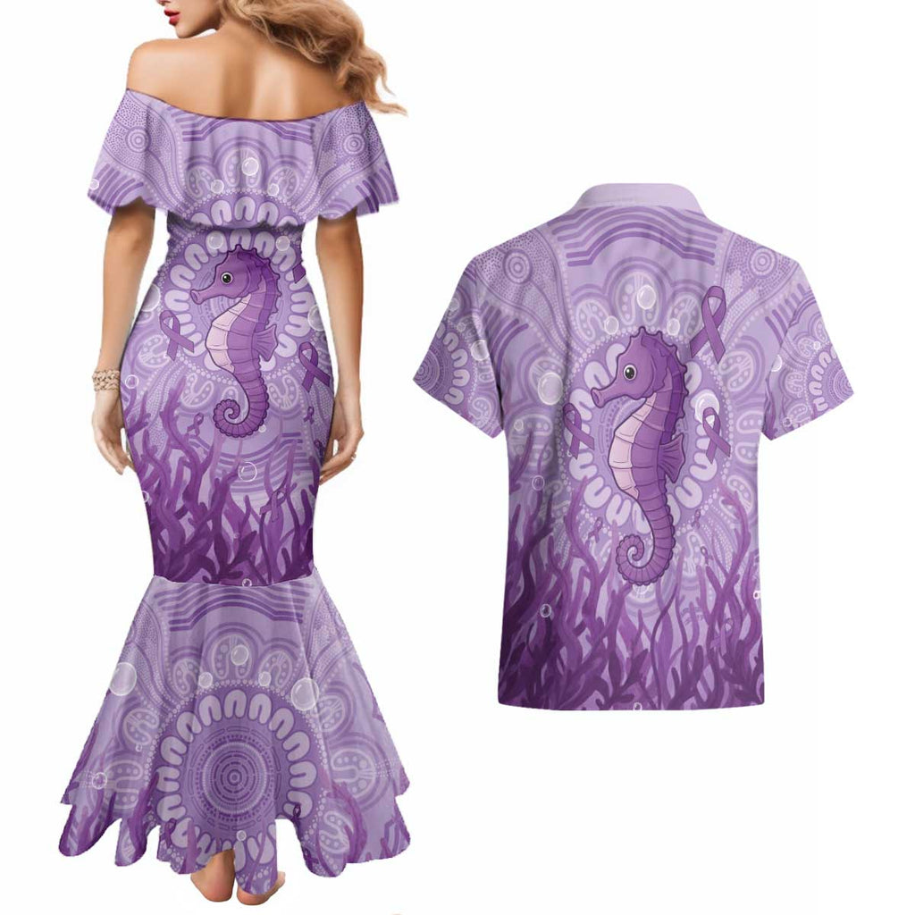 Australia Epilepsy Awareness Couples Matching Mermaid Dress and Hawaiian Shirt Seahorse Think Purple Ribbon Aboriginal - Aussie Hoodie