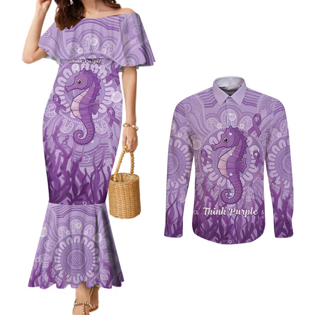 Australia Epilepsy Awareness Couples Matching Mermaid Dress and Long Sleeve Button Shirt Seahorse Think Purple Ribbon Aboriginal - Aussie Hoodie