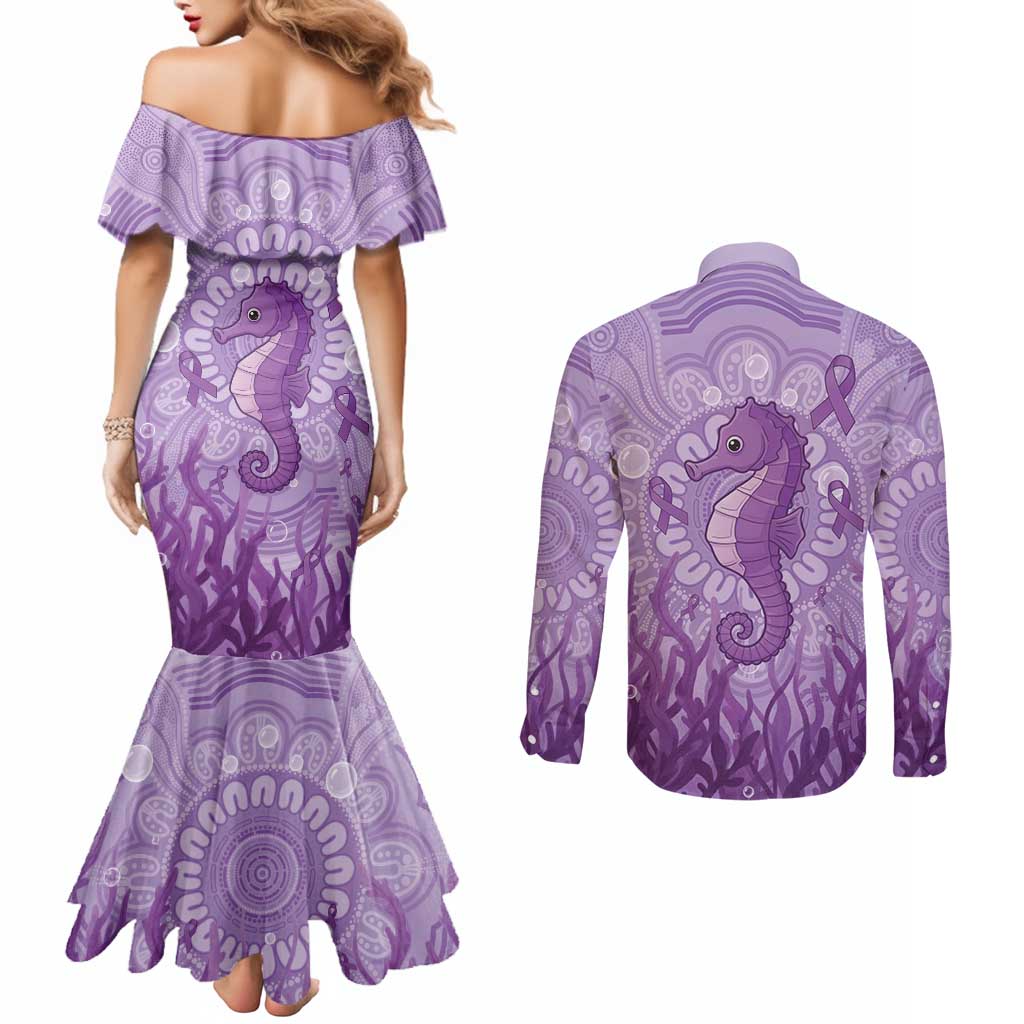 Australia Epilepsy Awareness Couples Matching Mermaid Dress and Long Sleeve Button Shirt Seahorse Think Purple Ribbon Aboriginal - Aussie Hoodie
