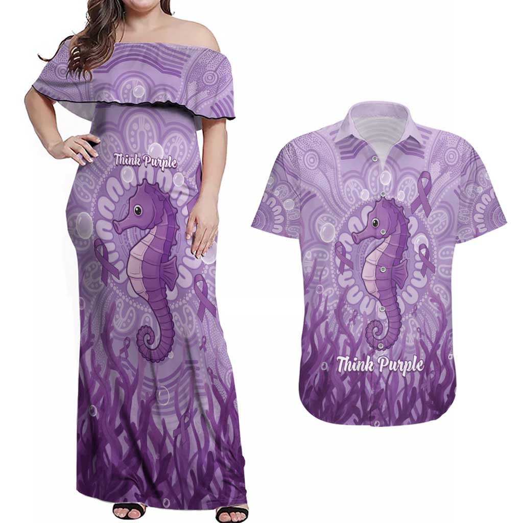 Australia Epilepsy Awareness Couples Matching Off Shoulder Maxi Dress and Hawaiian Shirt Seahorse Think Purple Ribbon Aboriginal - Aussie Hoodie