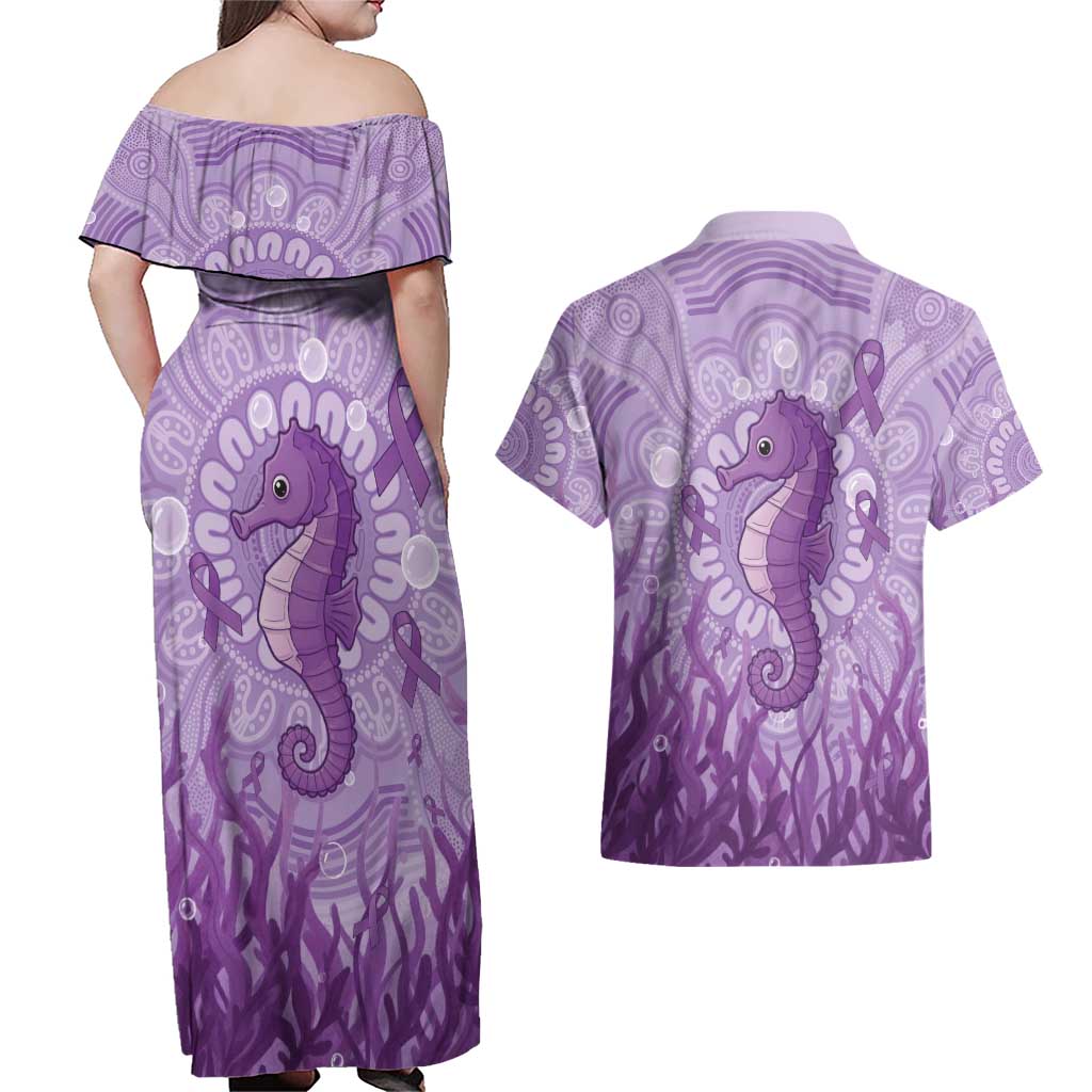 Australia Epilepsy Awareness Couples Matching Off Shoulder Maxi Dress and Hawaiian Shirt Seahorse Think Purple Ribbon Aboriginal - Aussie Hoodie