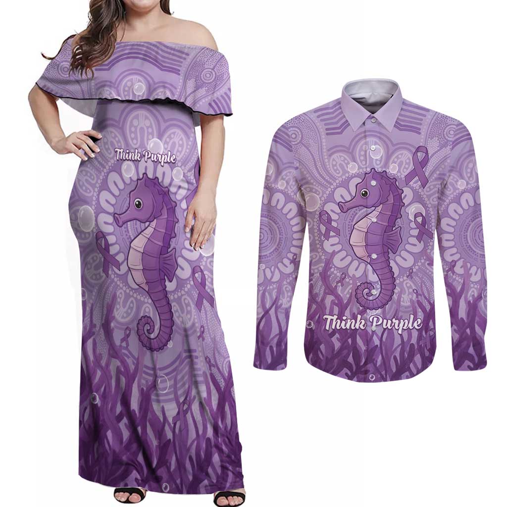 Australia Epilepsy Awareness Couples Matching Off Shoulder Maxi Dress and Long Sleeve Button Shirt Seahorse Think Purple Ribbon Aboriginal - Aussie Hoodie