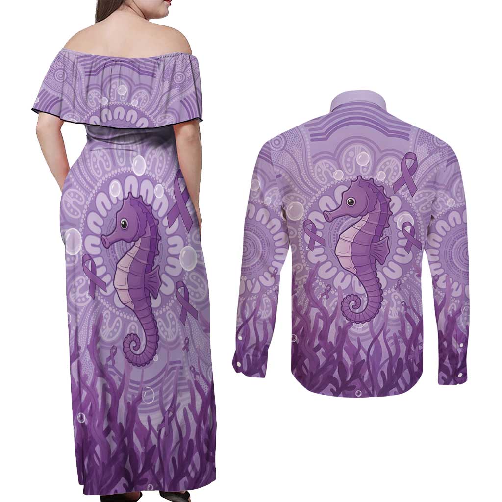 Australia Epilepsy Awareness Couples Matching Off Shoulder Maxi Dress and Long Sleeve Button Shirt Seahorse Think Purple Ribbon Aboriginal - Aussie Hoodie