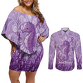 Australia Epilepsy Awareness Couples Matching Off Shoulder Short Dress and Long Sleeve Button Shirt Seahorse Think Purple Ribbon Aboriginal - Aussie Hoodie