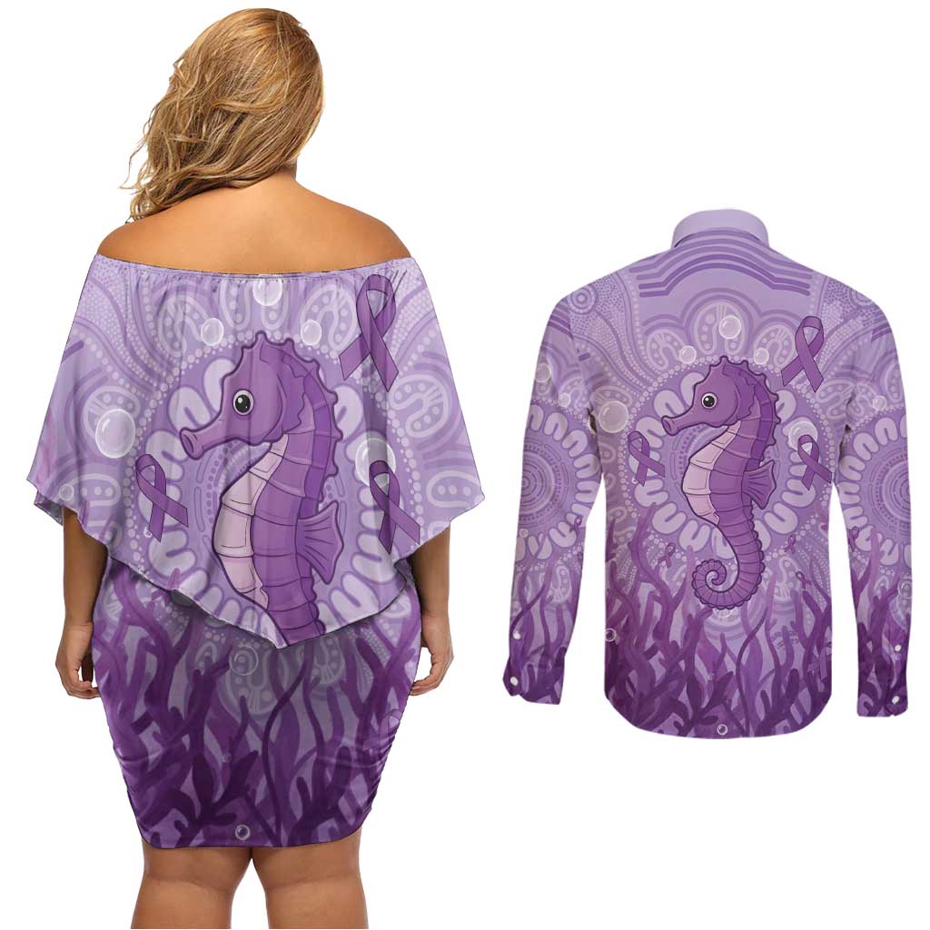 Australia Epilepsy Awareness Couples Matching Off Shoulder Short Dress and Long Sleeve Button Shirt Seahorse Think Purple Ribbon Aboriginal - Aussie Hoodie