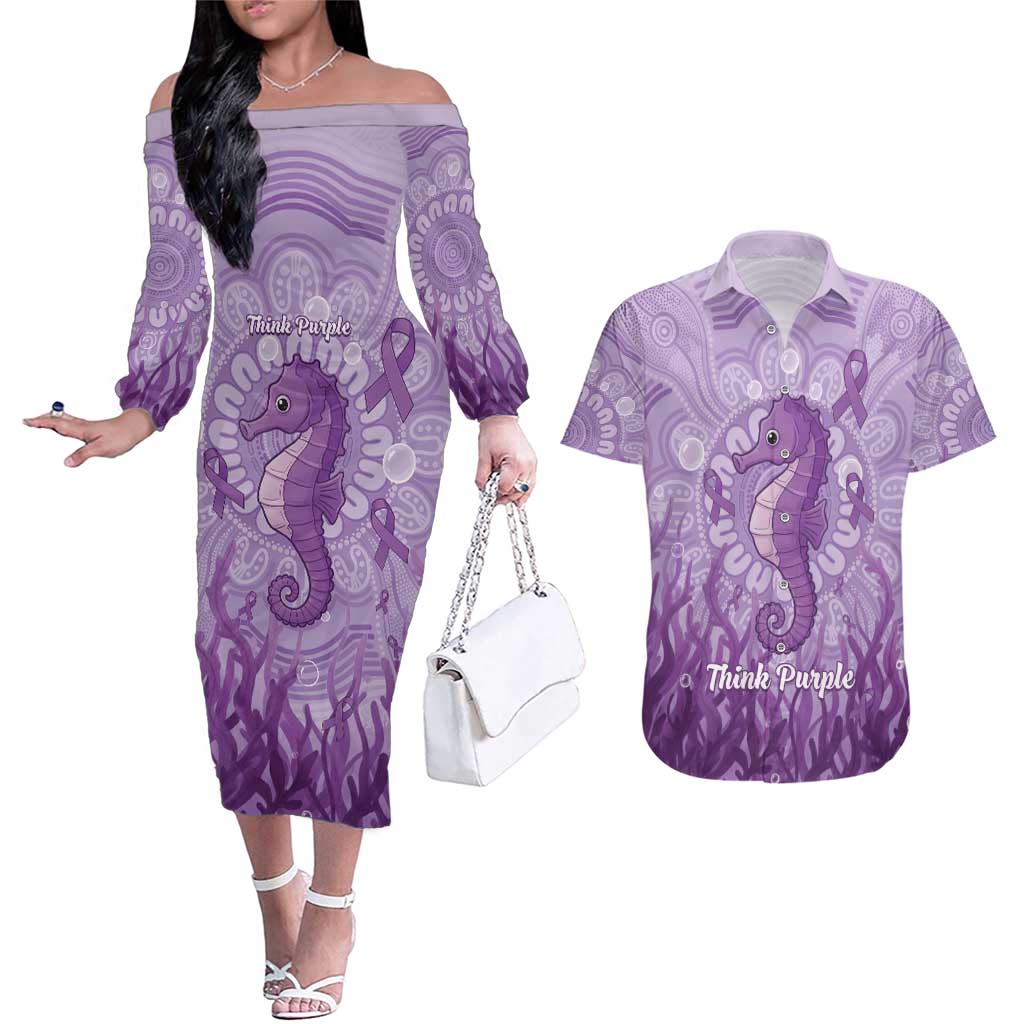 Australia Epilepsy Awareness Couples Matching Off The Shoulder Long Sleeve Dress and Hawaiian Shirt Seahorse Think Purple Ribbon Aboriginal - Aussie Hoodie