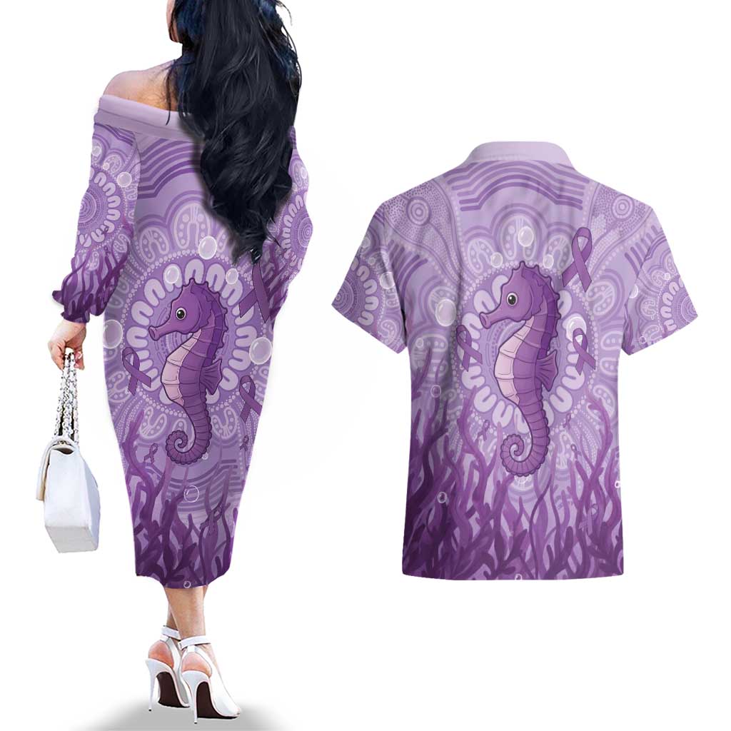 Australia Epilepsy Awareness Couples Matching Off The Shoulder Long Sleeve Dress and Hawaiian Shirt Seahorse Think Purple Ribbon Aboriginal - Aussie Hoodie