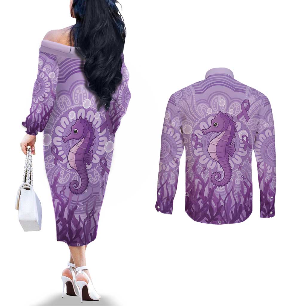 Australia Epilepsy Awareness Couples Matching Off The Shoulder Long Sleeve Dress and Long Sleeve Button Shirt Seahorse Think Purple Ribbon Aboriginal - Aussie Hoodie
