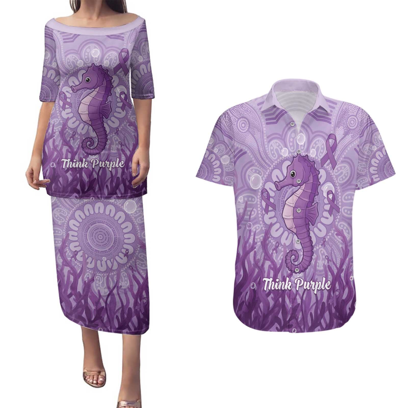 Australia Epilepsy Awareness Couples Matching Puletasi and Hawaiian Shirt Seahorse Think Purple Ribbon Aboriginal - Aussie Hoodie