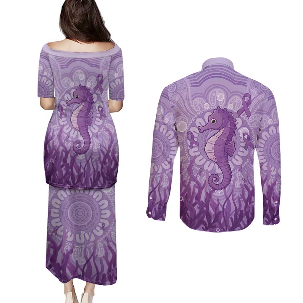 Australia Epilepsy Awareness Couples Matching Puletasi and Long Sleeve Button Shirt Seahorse Think Purple Ribbon Aboriginal - Aussie Hoodie