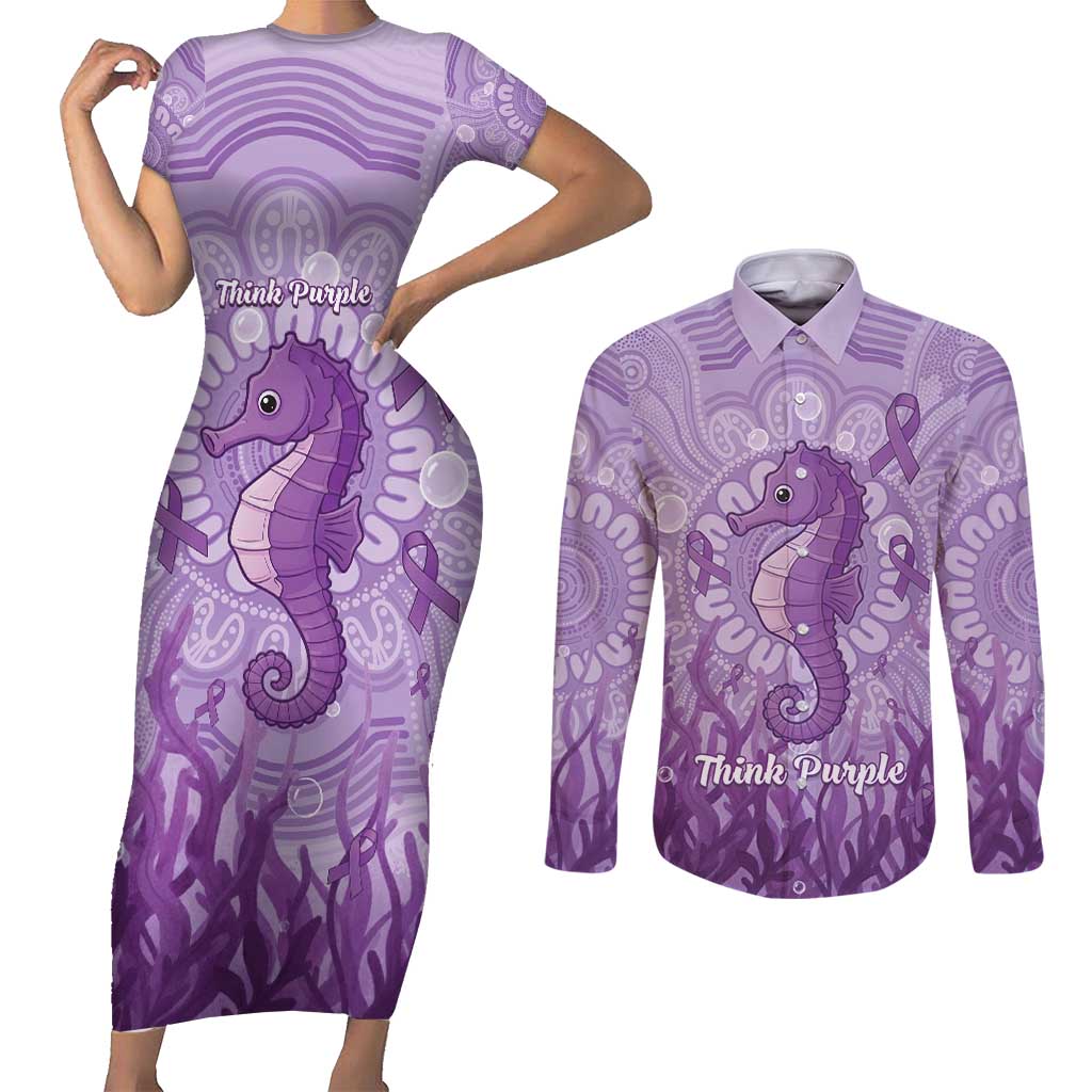 Australia Epilepsy Awareness Couples Matching Short Sleeve Bodycon Dress and Long Sleeve Button Shirt Seahorse Think Purple Ribbon Aboriginal - Aussie Hoodie