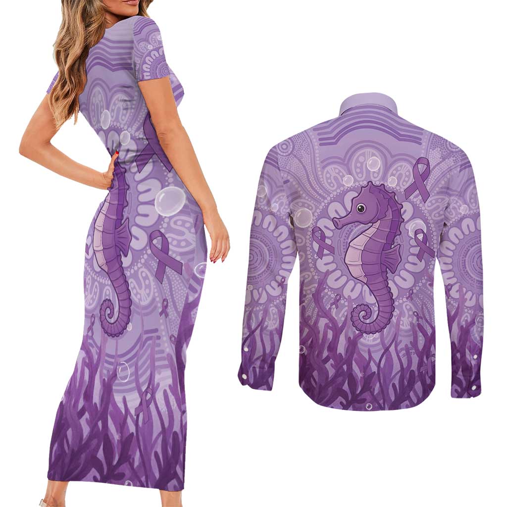 Australia Epilepsy Awareness Couples Matching Short Sleeve Bodycon Dress and Long Sleeve Button Shirt Seahorse Think Purple Ribbon Aboriginal - Aussie Hoodie