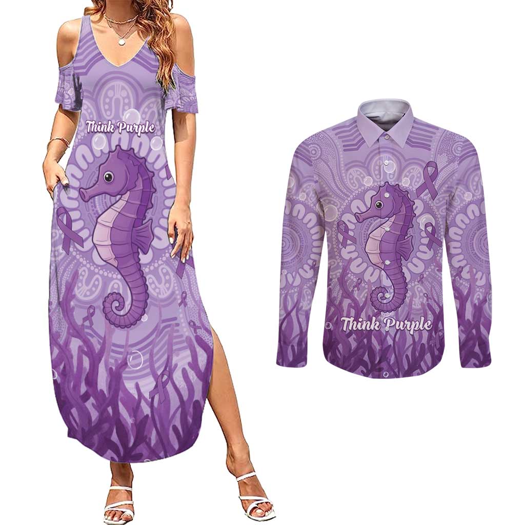 Australia Epilepsy Awareness Couples Matching Summer Maxi Dress and Long Sleeve Button Shirt Seahorse Think Purple Ribbon Aboriginal - Aussie Hoodie