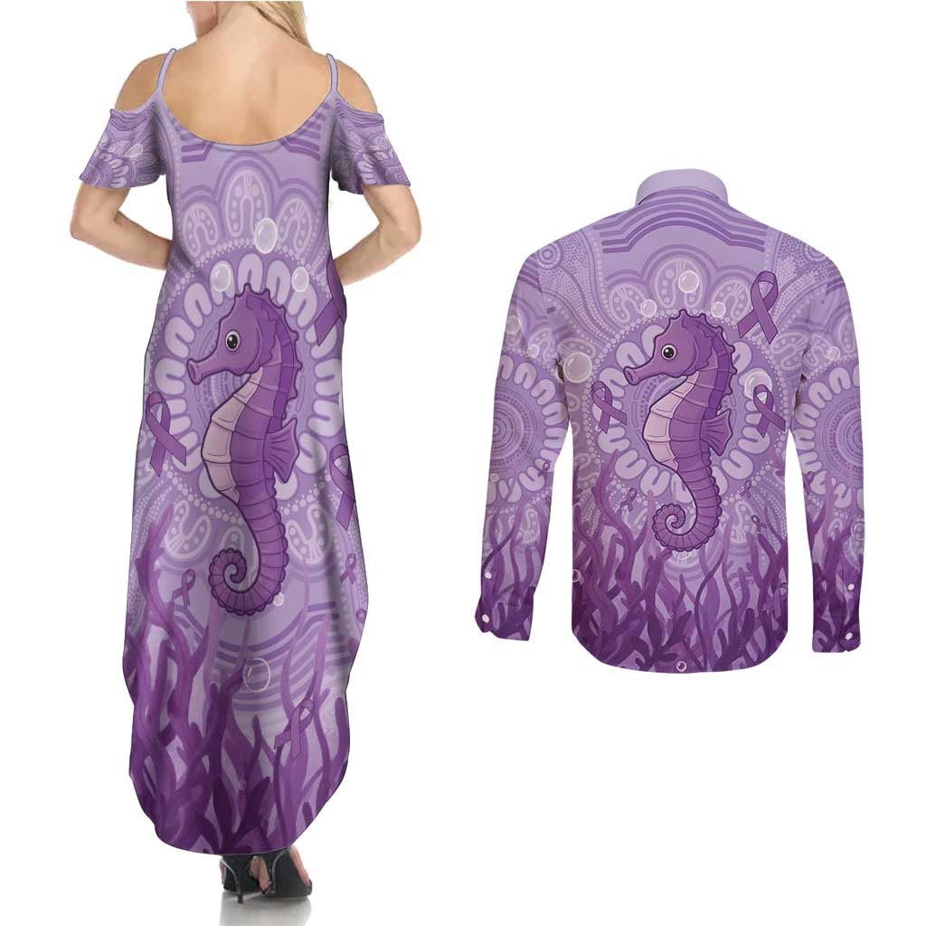 Australia Epilepsy Awareness Couples Matching Summer Maxi Dress and Long Sleeve Button Shirt Seahorse Think Purple Ribbon Aboriginal - Aussie Hoodie