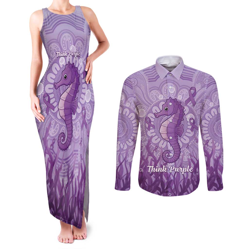 Australia Epilepsy Awareness Couples Matching Tank Maxi Dress and Long Sleeve Button Shirt Seahorse Think Purple Ribbon Aboriginal - Aussie Hoodie