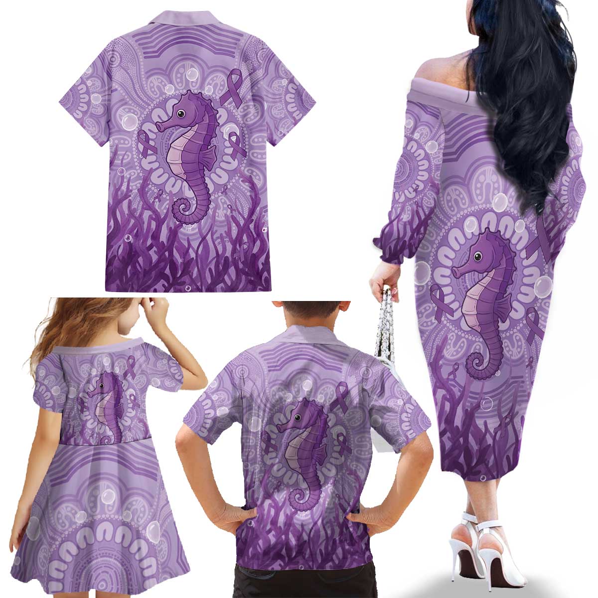 Australia Epilepsy Awareness Family Matching Off The Shoulder Long Sleeve Dress and Hawaiian Shirt Seahorse Think Purple Ribbon Aboriginal - Aussie Hoodie